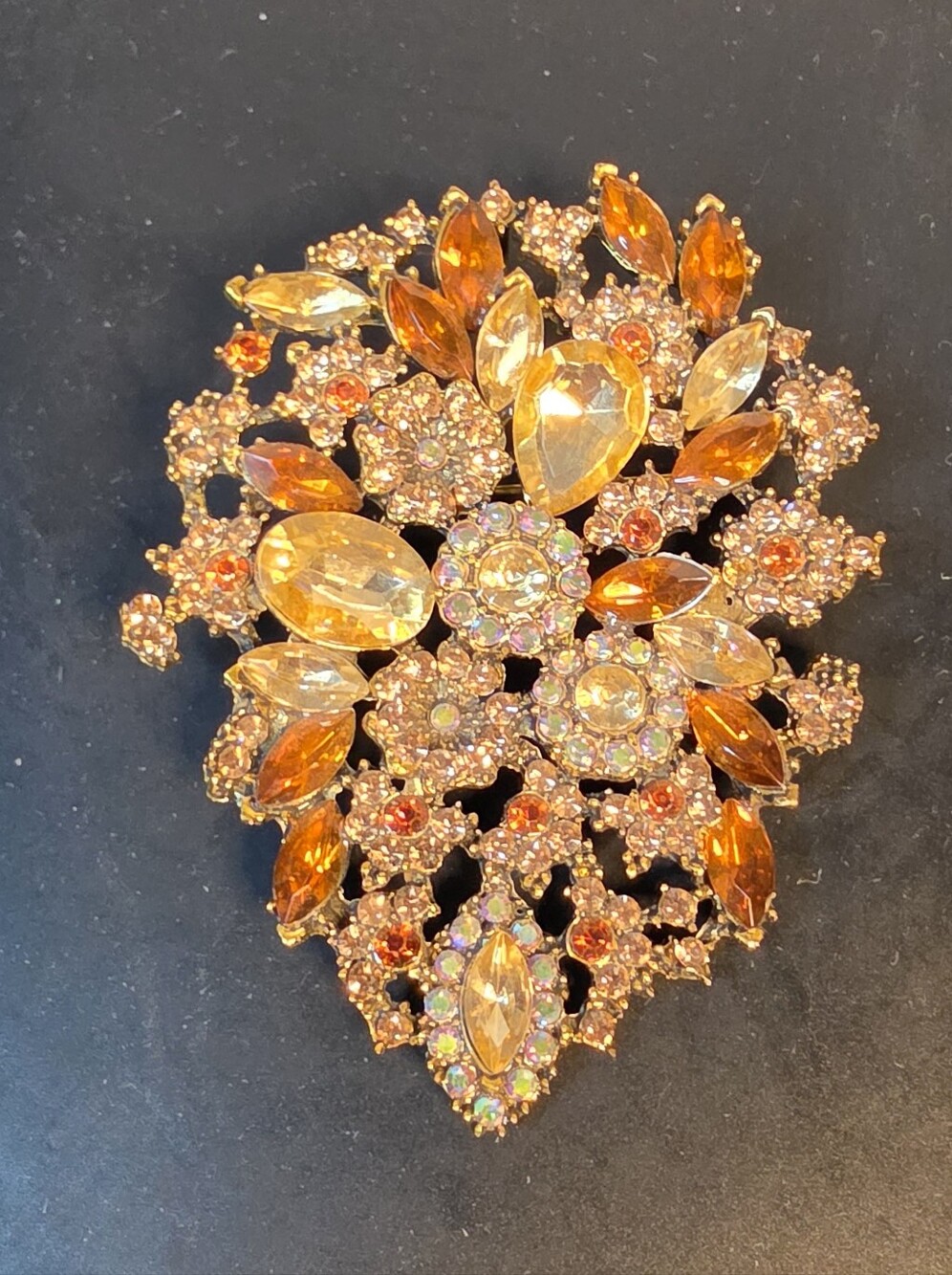 Gold-Tone Amber Crystal Floral Statement Brooch - Women Jewelry
